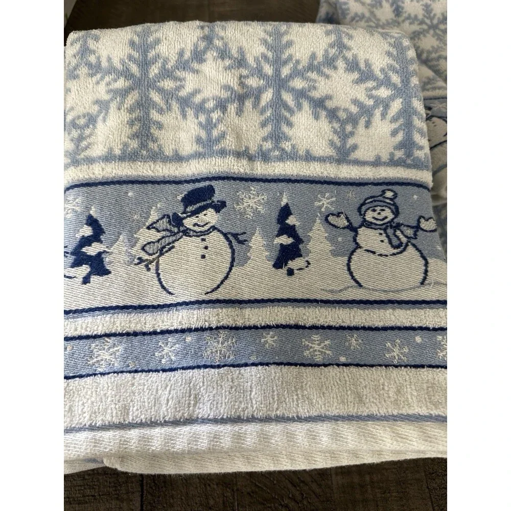 Vintage Blue/White/Silver Snowman Cotton Towel Set 4 Pieces Snow Winter GUC